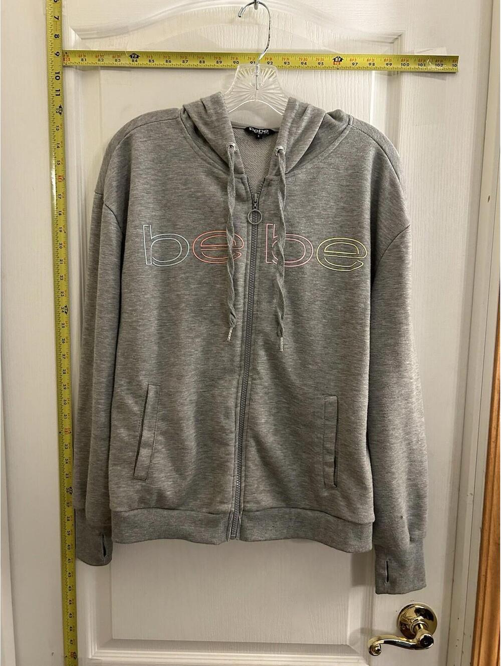 BEBE Size L Gray Tie Dye Rhinestone Logo Hoodie Zip Jacket